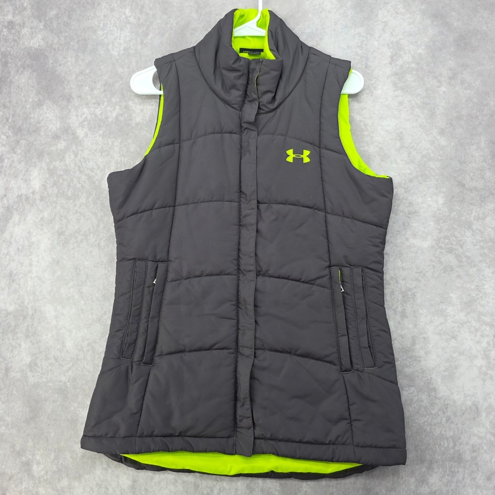 Under Armour Puffer Vest Women's Medium Semi-Fitted Black & Lime Green Pockets